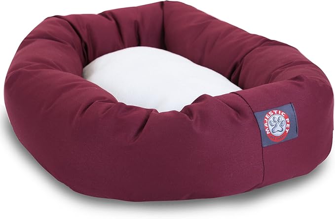 Majestic Pet 24 Inch Poly-Cotton Sherpa Calming Dog Bed Washable 24x18x7 (inch)  Cozy Soft Round Donut Dog Bed with Spine for Head Support - Pet Bed Small - Burgundy