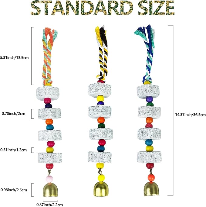 Parrot Chewing Toy with Bell - Bird & Parakeet Beak Grinding Stone - 3 Pack