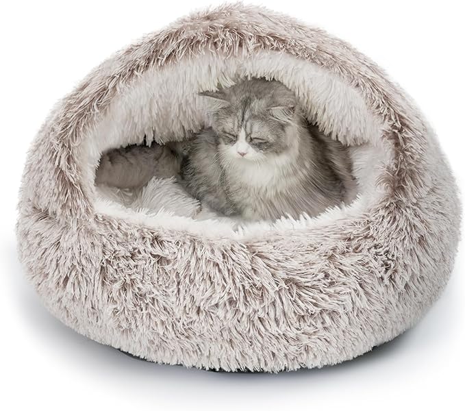 CATISM Cat Bed, Plush Hooded Cat Beds for Indoor Cats, Self Warming Cats Beds Cave, Cozy Pod for Indoor Kitten or Small Dog, Removable Washable with Non-Slip Bottom