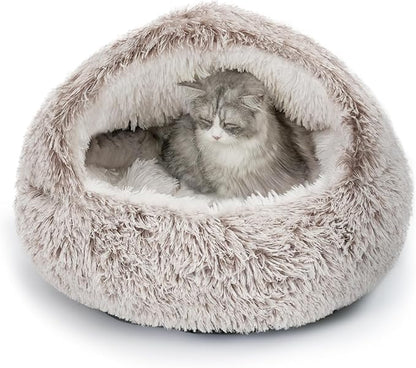 CATISM Cat Bed, Plush Hooded Cat Beds for Indoor Cats, Self Warming Cats Beds Cave, Cozy Pod for Indoor Kitten or Small Dog, Removable Washable with Non-Slip Bottom
