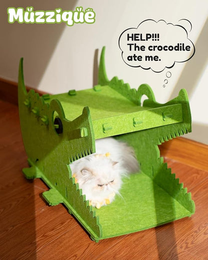 Cat House, Muzzique Cute Crocodile Felt Pet Nest, for Indoor Cats & Small Dogs, Removable Washable Kitten Playhouse, Large Peekaboo Kitty Cave, Enclosed Puppy Bed, Scratch/Sleep Dog Cube Furniture