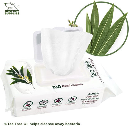 Best Pet Supplies Pet Grooming Wipes for Dogs, 100 Pack, Plant-Based Deodorizer for Coats & Dry, Itchy, or Sensitive Skin, Clean Ears, Paws, Body, & Butt - Cleansing Tea Tree