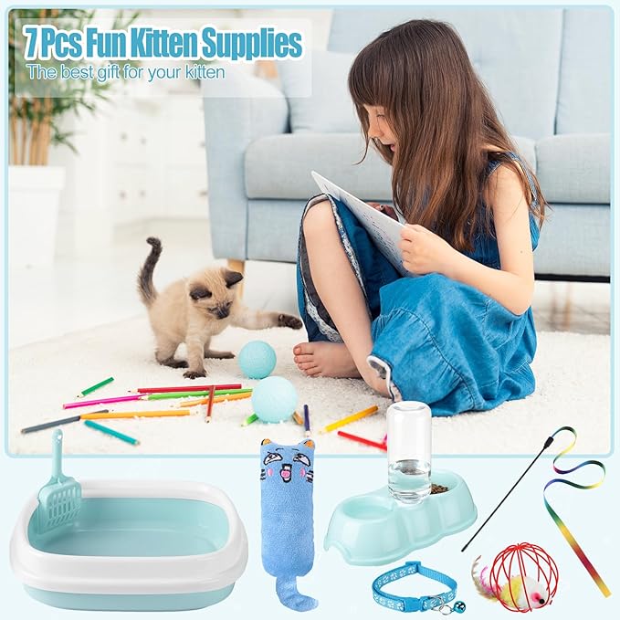 7 Pcs Small Cat Kitten Starter Kit Cat Litter Box with Shovel Paw Litter Mat Double Automatic Kitten Bowls Toy Teaser Stick Collar Essentials Kits for 1-3 Lbs Beginner(Stylish,Fresh Blue)