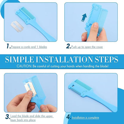 3 Pcs Pet Grooming Razor Comb with 50 Replacement Blades - Double Sided Hair Trimmer, Cutter and Scissors Tool for Dogs and Cats(Pink, Blue, Purple)