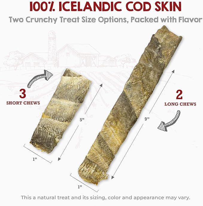 Riley's Cod Skins for Dogs - Air Dried Single Ingredient Dog Treats - Long, Hand Wrapped Cod Skin Dog Treats - Sustainably Caught in Iceland - 2 Pack 10 inch Chew Sticks