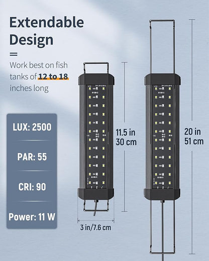 Pawfly 11W Aquarium LED Light for 12 to 18 Inch Fish Tanks Extendable Fish Tank Light with Full Spectrum Brilliant White Blue Red Lights with Daytime & Night Modes and Adjustable Brightness