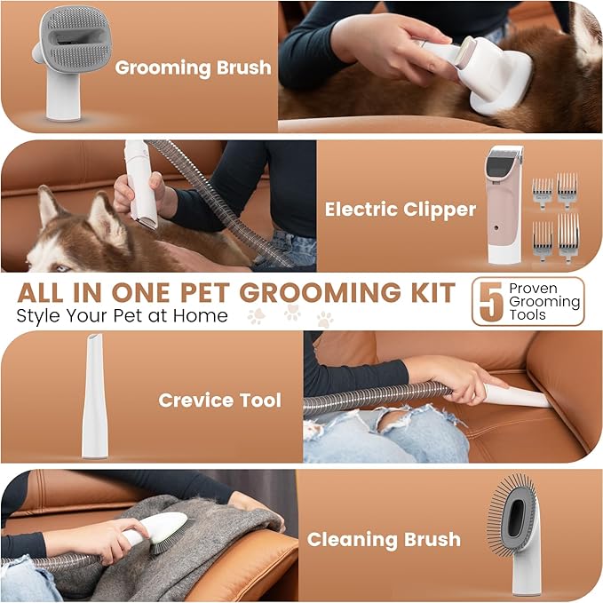 Dog Grooming Vacuum, Pet Grooming Kit with Dog Clippers, 2.5L Dust Cup 11000Pa Dogs Vacuum for Shedding Grooming, 5 Grooming Tools Home Cleaning in 1, Low Noise Pet Grooming Vacuum for Dogs, PG50