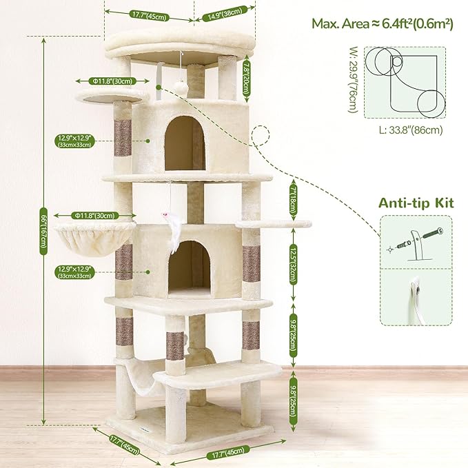 Globlazer Corner Cat Tree for Large Cats, 66inch Tall Curved Series Large Cat Tower for Multiple Indoor Cats with 6 Scratching Posts, 2 Spacious Cat Condos, Hammock, Hanging Basket, C66, Beige