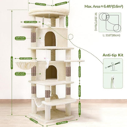 Globlazer Corner Cat Tree for Large Cats, 66inch Tall Curved Series Large Cat Tower for Multiple Indoor Cats with 6 Scratching Posts, 2 Spacious Cat Condos, Hammock, Hanging Basket, C66, Beige