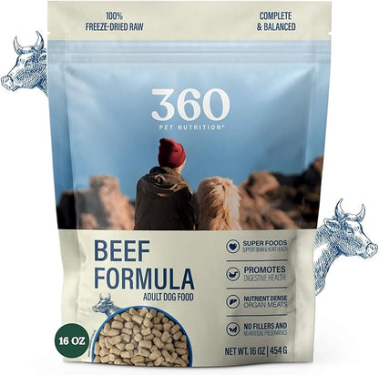 360 Pet Nutrition Freeze-Dried Raw Dog Food – Beef Recipe with Liver & Organs, High Protein with Omega-3s, Fruits, Veggies & Superfoods, Grain-Free, No Fillers, 1 lb – Made in USA
