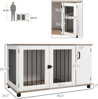 PawHut Dog Crate Furniture Side End Table with Storage, Dog Kennel Furniture Indoor with Double Doors for Medium and Large Dogs, Walnut