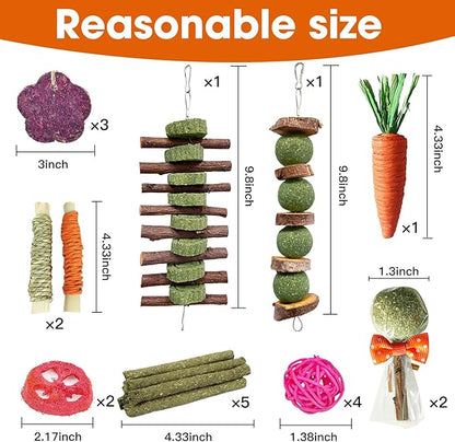 21 Pcs Rabbit Chew Toys for Teeth, Natural Bunny Toys Peach Wood Grass Timothy Sticks Chew and Treat for Guinea Pigs Hamster Chinchillas and Other Small Pets