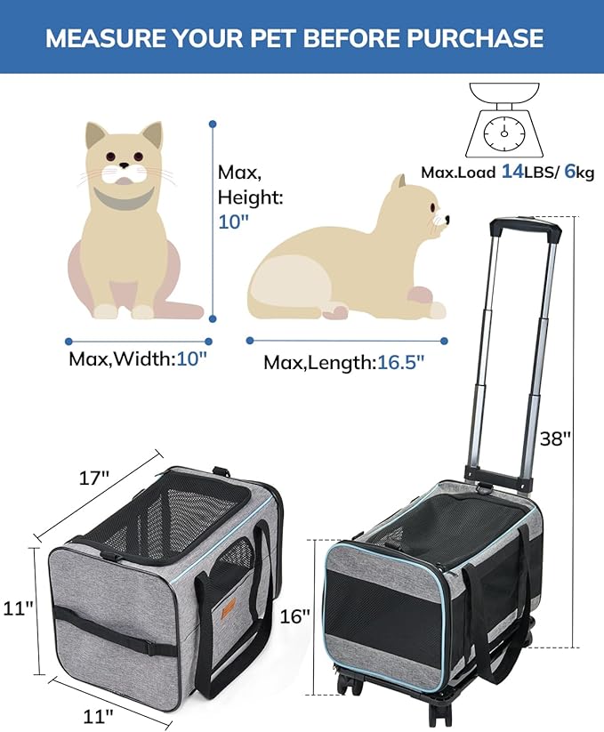 Morpilot Cat and Dog Carrier with Detachable Wheels - Airline Approved Rolling Carrier for Small Pets and Cats - Foldable Pet Travel Bag