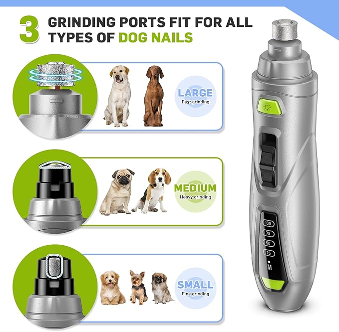 Dog Nail Grinder Super Quiet Dog Nail Trimmers 3 Grinding Wheels 3 Speed Rechargeable Pet Nail Grinder LED Display Dog Nail Clippers Kit for Large Medium Small Dogs Cats Dog Nail File Toenail Clippers