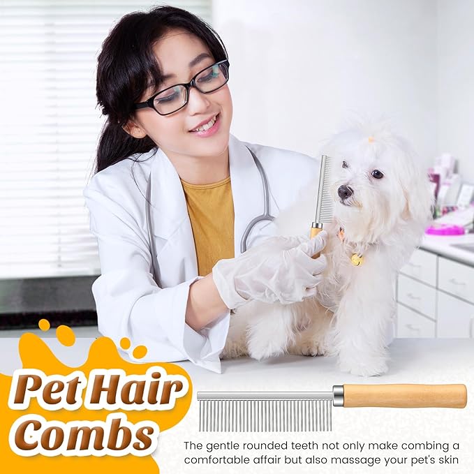6 Pcs Grooming Comb bulk for Dogs Cats with Wooden Handle Pet Grooming Comb Smooth Teeth Tips Stainless Steel Detangling Matted Hair