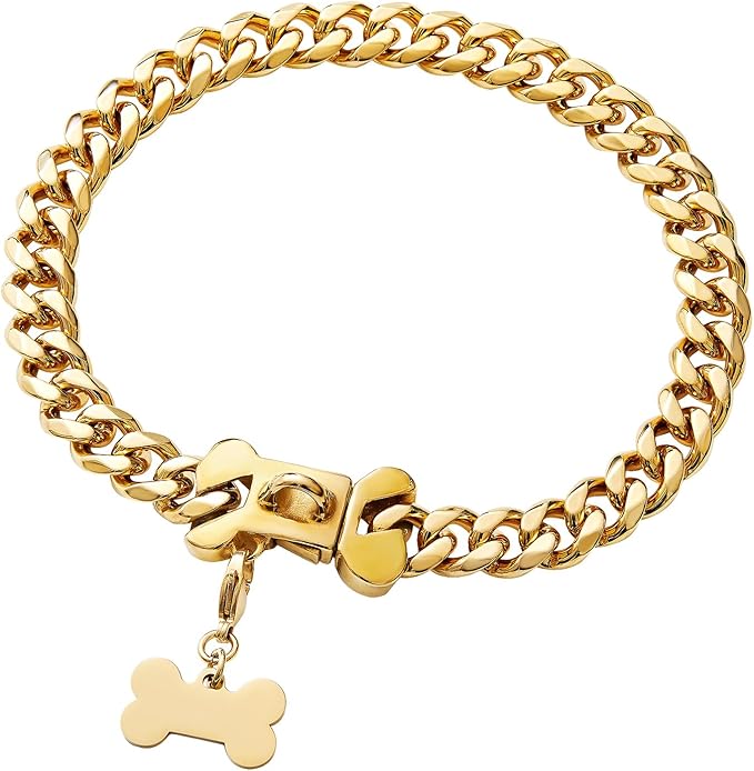 15mm Wide Strong Stainless Steel Bone Style Buckle Gold Dog Chain Collar,18K Gold Plated Cuban Link Chain Dog Necklace Collar for Small Medium Dogs - 16''
