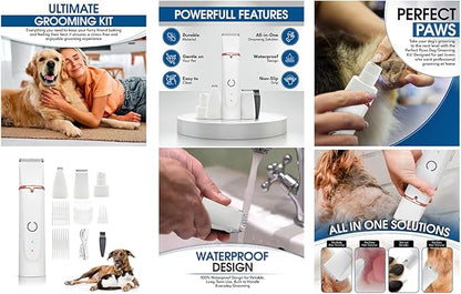 4-in-1 Dog Grooming Kit Hair Clippers - Electric Low Noise Paw Trimmer - USB Rechargeable - Cordless Quiet Nail Grinder Trimmer for Cats and Dogs