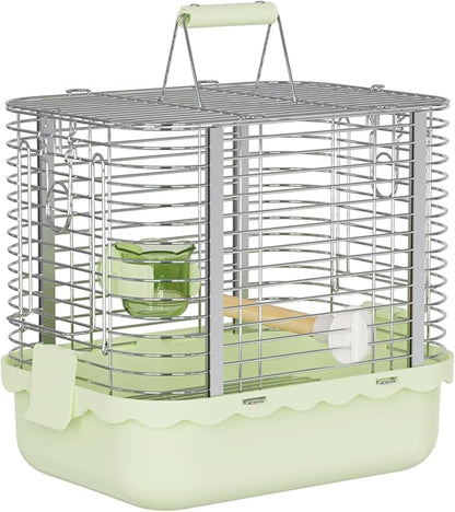 Bird Carrier Travel Cage, Durable Portable Stainless Steel Birdcage with Bird Perch & Feeding Bowl for Parrots Canaries Budgies Lovebirds Conures Cockatiels (Small Light Green)