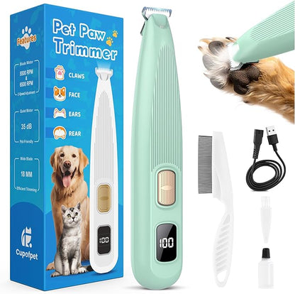 Dog Paw Trimmer with LED Light, 35dB Low Noise Precision Pet Paw Trimmer for Dogs Cats Grooming Clippers, 2 Speed Safety Electric Paw Hair Trimmer for Paws, Ears, Rump, Face, Eyes (Green)