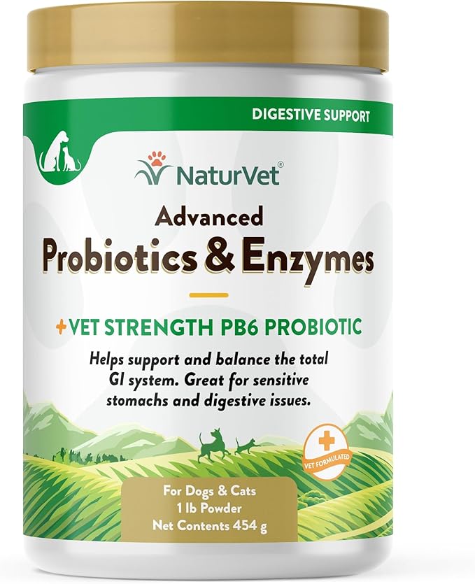 NaturVet  Advanced Probiotics & Enzymes - Plus Vet Strength PB6 Probiotic | Supports and Balances Pets with Sensitive Stomachs & Digestive Issues | for Dogs & Cats (1 lb)