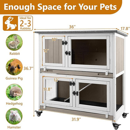 2 Story Rabbit Hutch Indoor with 2 Deeper Pull-Out Trays, Wooden Rabbit Cage with 4 Lockable Wheels, Ramp, Chew-Anti Metal Strip for Rabbit, Guinea Pig, Hamster(36" L x 17.8" W x 36.7" H)