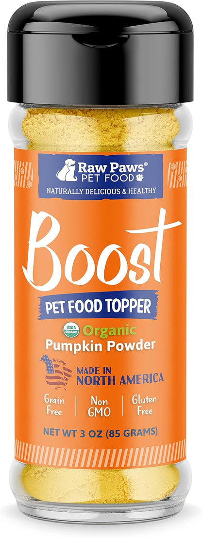 Raw Paws Boost Pet Food Topper Organic Pumpkin Powder, 3-oz - Made in USA - Grain-Free Dog Toppers for Dry Food - Anti Scoot Powder Pumpkin for Dogs - Vegan Dog Food Gravy - Dog Meal Toppers for Dogs