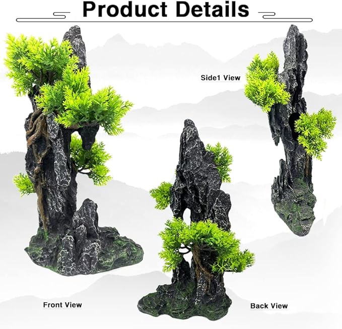 Aquarium Mountain View Stone Ornament Tree Rock Cave - Aquarium Decorations Large and Tall Fish Tank Decorations for Large Fish Tank - 13.4 Inches High