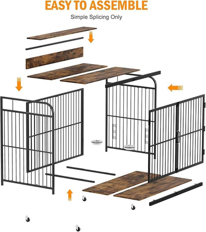 32 Inch Dog Crate Furniture, Dog Cages with Adjustable Feeder Height, Ideal for Small Dogs, Equipped with 360-Degree Swivel Casters for Smooth Mobility, Rustic Brown