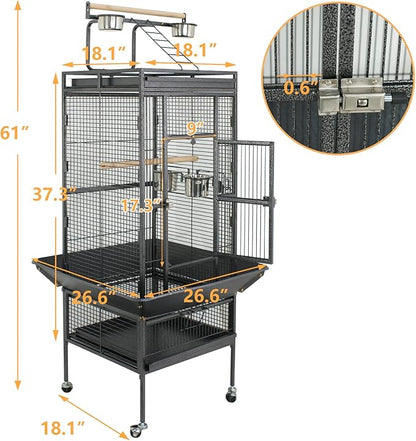 ZENY 61-inch Playtop Parrot Bird Cages, Wrought Iron Large Birdcage with Rolling Stand for Parakeet Cockatiels Quaker Conure Lovebird Finch Canary Small Medium Parrot Cage Birdcage (Black)