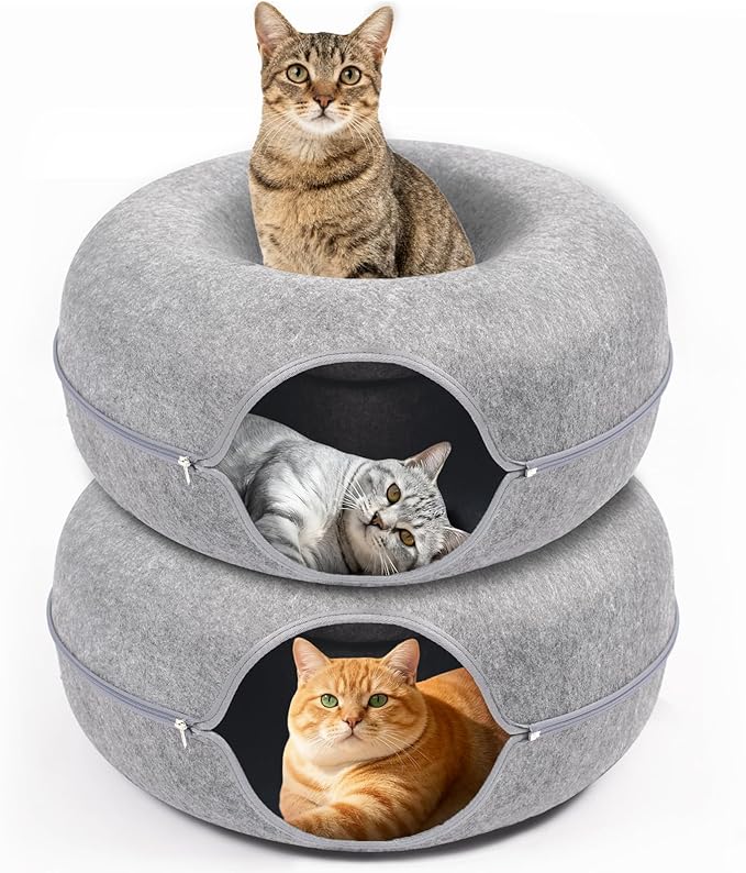 Cat Caves for Indoor Cats, Large Cat Tunnel for Multiple & Large Cats, Scratch Detachable Cave Bed, Kitten Donut Kitty Hideaway Up to 45 Lbs