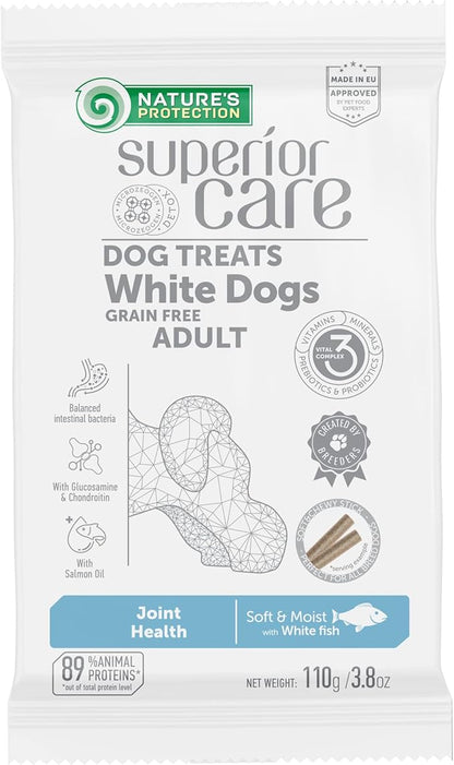 Nature's Protection Dog Treats for Small, Medium & Large Breed - Grain Free Hip & Joint Snack for Adult Dogs with Light Fur, 3.8 oz (Superior Care - White Fish, Pack of 7)