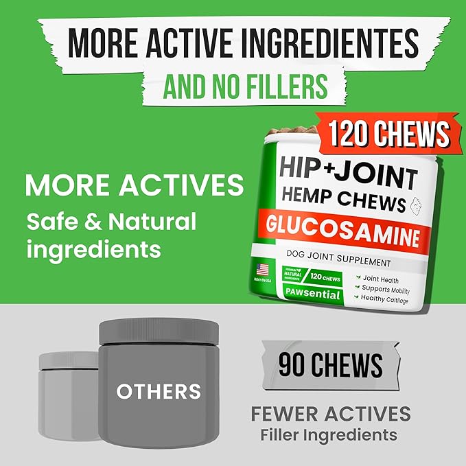 Hemp Treats - Dog Joint Supplement - Mobility Support Chews w/Glucosamine Chondroitin, Turmeric, MSM - Hip & Joint Chews - Joint Pain Relief Treats - 120Ct