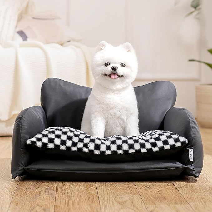 BurgeonNest Cat Couch Bed & Dog Sofa Bed for Small Dogs & Cats up to 15lbs, Double Layer Cushion Extra Comfort, Leather & Plush Material Scatch-Resistant, Waterproof, Black