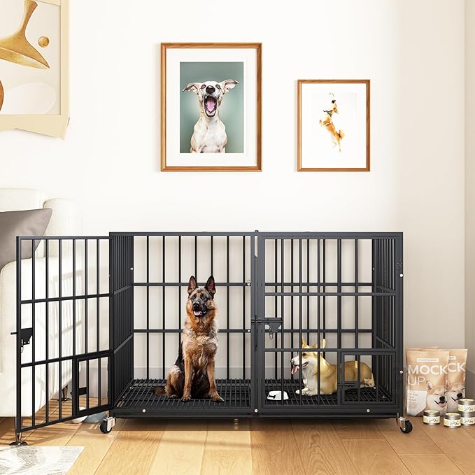 42 Inch Metal Dog Crate for Large Dogs,Heavy Duty Dog Cage Kennel Indoor with Divider Panel, Lockable Wheels, Indestructible Drop Cages for Dogs with Removable Tray, Escape Proof Locks