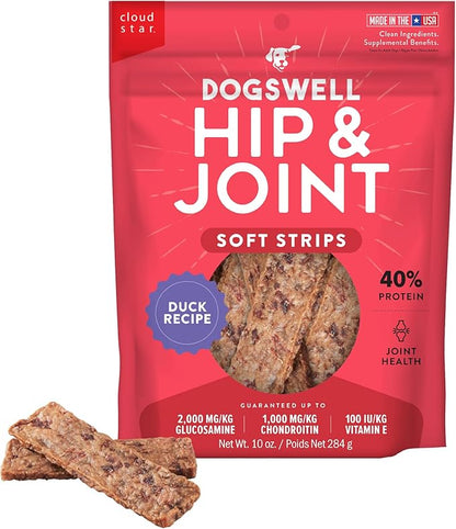 DOGSWELL Hip & Joint Dog Treats 100% Meaty, Grain Free, Glucosamine Chondroitin & Omega 3, Duck Soft Strips 10 oz