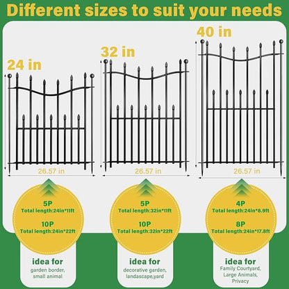 10 Panels No Dig Decorative Garden Fence, 24in(H)_22ft(L) Heavy-Duty Rustproof Metal Panels, Outdoor Dog Barrier for Yard & Patio, Landscape, Border| Portable Temporary Fencing