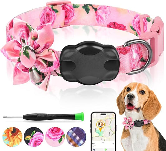 Airtag Dog Collar for Large Dogs, Rose-Pink Dog Collars Girl with AirTag Holder Waterproof Airtag Case, Including Flower Spring Dog Collar Bowtie, for All Female Dogs ï»