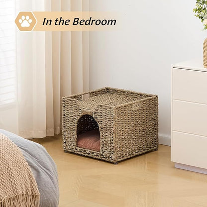 Cat Houses for Indoor Cats, Handwoven Natural Seagrass Cat Cave Pet Cube,Foldable Pet Cat House, Cat Beds with Double-Sided Mat, Hideaway, in Living Room Bedroom