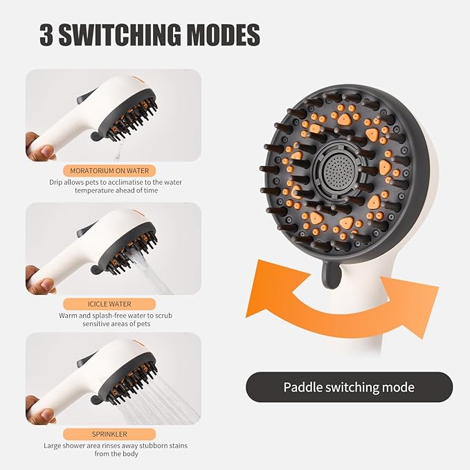 Dog Shower Brush with Massage Function & High Pressure Hose (6.6ft), Handheld Pet Bath Sprayer, No Drill Wall-Mount Holder, 3 Spray Modes for Tough Stain Removal & Grooming