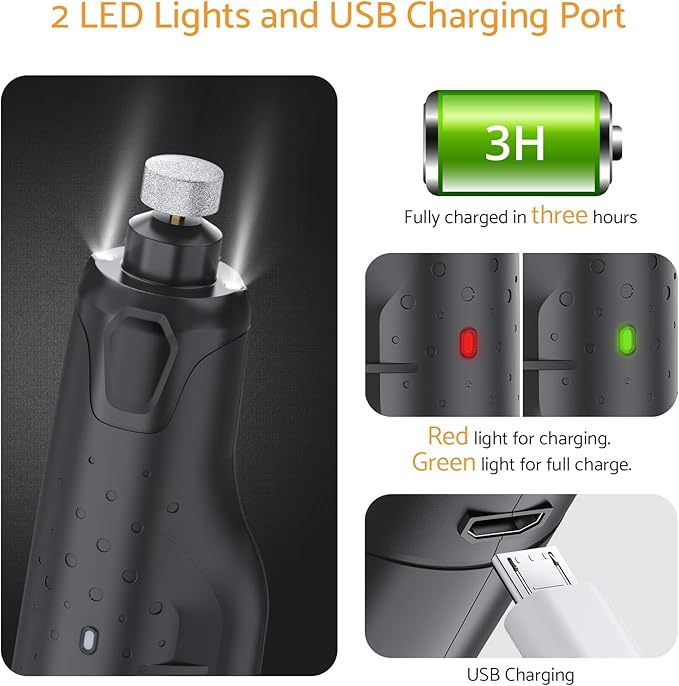 Rechargeable Dog Nail Grinder with 2 LED Lights Quiet 6 Speed Electric Nail Trimmer,Dust Cap,and 3 Grinding Ports for Large,Medium Small Dogs