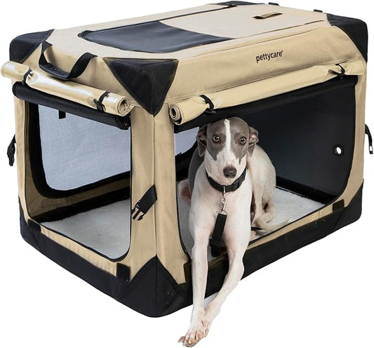 Pettycare 30 Inch Collapsible Dog Crate with Curtains Travel Dog Crate for Airflow and Calm Soft Pet Kennel with Portable Bag and More Chew Proof Mesh Indoor & Outdoor Beige 4 Door Curtains