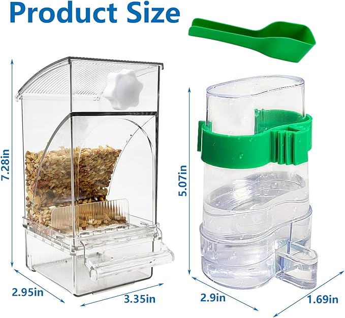 Hamiledyi No Mess Bird Feeders Water Dispenser Set Automatic Parakeet Cage Feeder with Perch Transparent Acrylic Container Parrot Cage Accessories for Canary Budgie Lovebirds Finches