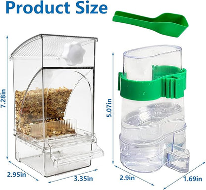 Hamiledyi No Mess Bird Feeders Water Dispenser Set Automatic Parakeet Cage Feeder with Perch Transparent Acrylic Container Parrot Cage Accessories for Canary Budgie Lovebirds Finches