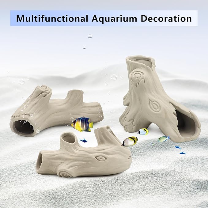 Aquarium Decorations Ceramic Artificial Stump Cave,Betta Fish Tank Accessories Hollow Tree Stump Decor 3-Piece Set