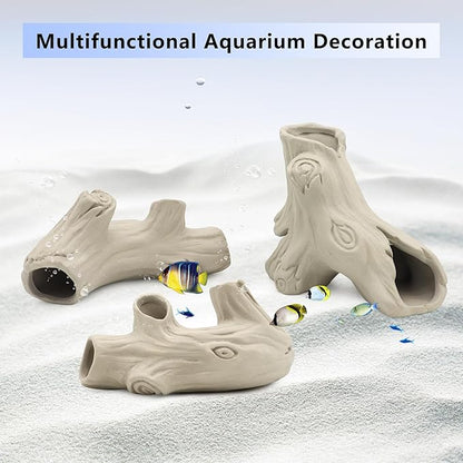 Aquarium Decorations Ceramic Artificial Stump Cave,Betta Fish Tank Accessories Hollow Tree Stump Decor 2-Piece Set