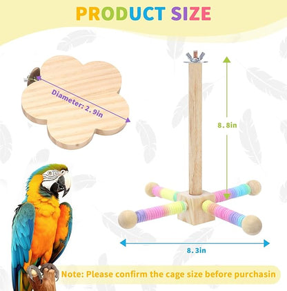 Bird Perch Toy for Parakeets Cockatiel, 360° Rotating Interactive Toy with Small Platform for Parrots Budgie Conures Play Exercise Stand, Enrichment Wooden Bird Cage Accessories -Flower
