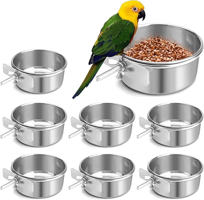 Bird Cage Feeder, Bird Feeder for Cage, 8 Pcs 10OZ Stainless Steel Parrot Food Water Bowls with Clamp Holder, Hanging Feeding Dish Cups for Cockatiel Parakeet Conure Budgie Lovebird Small Animal