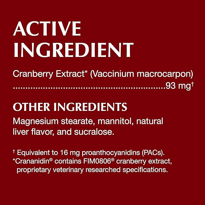 Nutramax Laboratories Crananidin Cranberry Extract Urinary Tract Health Supplement for Dogs, 75 Chewable Tablets