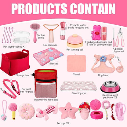 Abbylike 50 Pcs Puppy Supplies Starter Kit for Small Dogs Puppy Essentials Includes Leash, Bowls, Teeth Brushes, Water Bottle, and More Accessories for Dogs Christmas Welcome Gift(Pink)