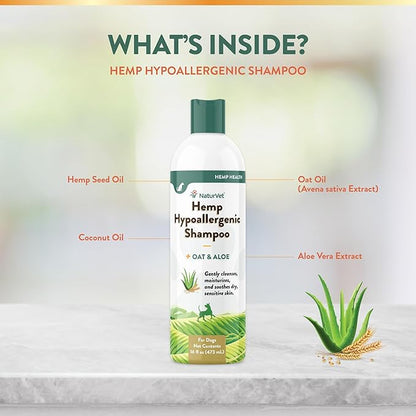 NaturVet Hemp Hypoallergenic Shampoo with Oat and Aloe for Dogs, 16oz Liquid, Made in The USA